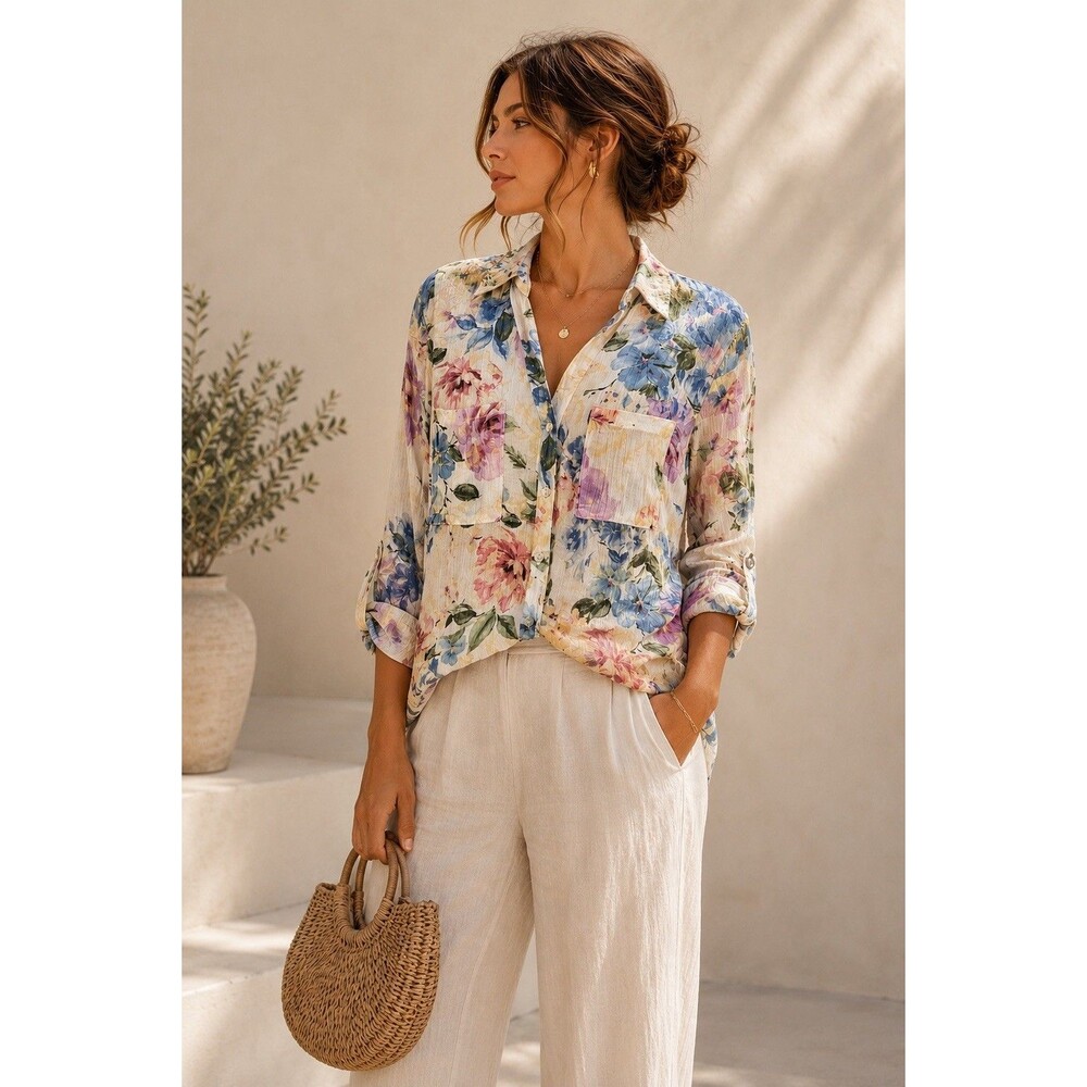 BCX Women’s Floral Button Front Shirt M Ivory Multicolor Crinkle Long Sleeve